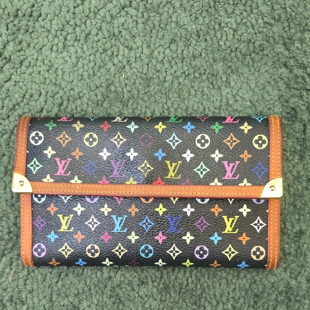 Louis Vuitton Multicolor Monogram Black Canvas Flap Wallet with Tan Trim